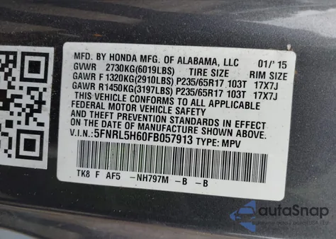 2015 Honda Odyssey Ex-L from USA, damaged, VIN 5FNRL5H60FB057913